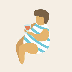 オレンジジュースを飲む水着の太った女性