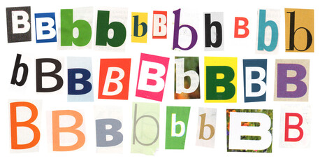 letter b magazine cut out font, ransom letter, isolated collage elements for text alphabet. hand made and cut, high quality scan. halftone pattern and texture detail. newspaper and scraps