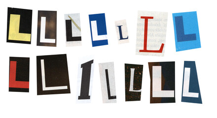 letter l magazine cut out font, ransom letter, isolated collage elements for text alphabet. hand made and cut, high quality scan. halftone pattern and texture detail. newspaper and scraps