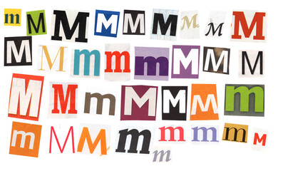 letter m magazine cut out font, ransom letter, isolated collage elements for text alphabet. hand...