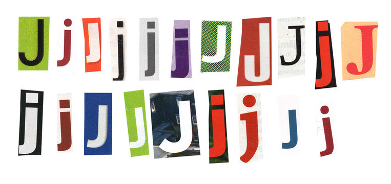 letter j magazine cut out font, ransom letter, isolated collage elements for text alphabet. hand made and cut, high quality scan. halftone pattern and texture detail. newspaper and scraps