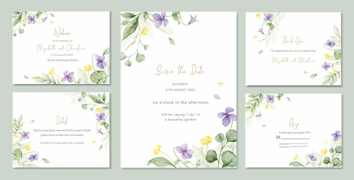 Watercolor vector set of wedding invitation card templates.