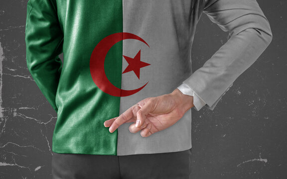 Jacket Flag of Algeria on Businessman with his fingers crossed behind his back