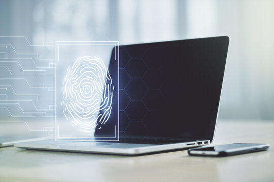 Multi exposure of abstract creative fingerprint illustration on modern laptop background, digital access concept