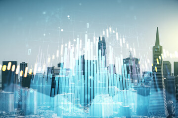 Plakat Multi exposure of virtual creative financial chart hologram on San Francisco skyscrapers background, research and analytics concept