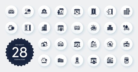Set of Buildings icons, such as Home insurance, Inspect and Market location flat icons. Sports stadium, Market sale, Lighthouse web elements. Hotel, Court building, Door signs. Circle buttons. Vector