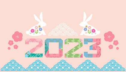 Happy japanese new year, 20023 - year of the Rabbit. Japanese characters translation: " Happy New Tear " Template traditional nengajo - greeting postcard. Vector flat icon illustration.