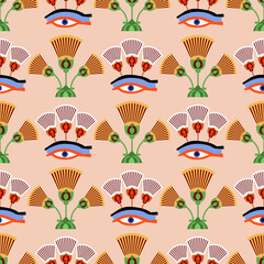 Seamless pattern vector illustration of the Egyptian ancient ornament with a lotus flower, leaves, papyrus, palm tree. Egyptian culture element For wallpaper, wrapping, paper, fabric, background