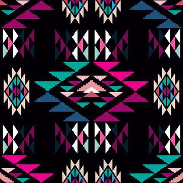 Colorful Tribal Boho Mexican Geometrical Print. Abstract Seamless Aztec, Mayan, Navajo, Latino Pattern Ethnic Hipster Background Indian, American, Asian Texture. Vector Illustration