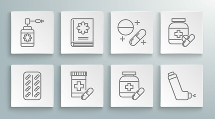 Set line Pills in blister pack, Medical book, Medicine bottle and pills, Inhaler, or tablet, and with nozzle spray icon. Vector