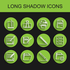 Set line Blank notebook and pencil with eraser, Document folder, File document, Pen line, Folder settings gears, Drawer documents and Pencil icon. Vector