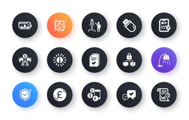 Minimal set of Handout, Report checklist and Sharing economy flat icons for web development. Currency rate, Approve, Lock icons. Timer, Usb stick, Launch project web elements. Shield. Vector