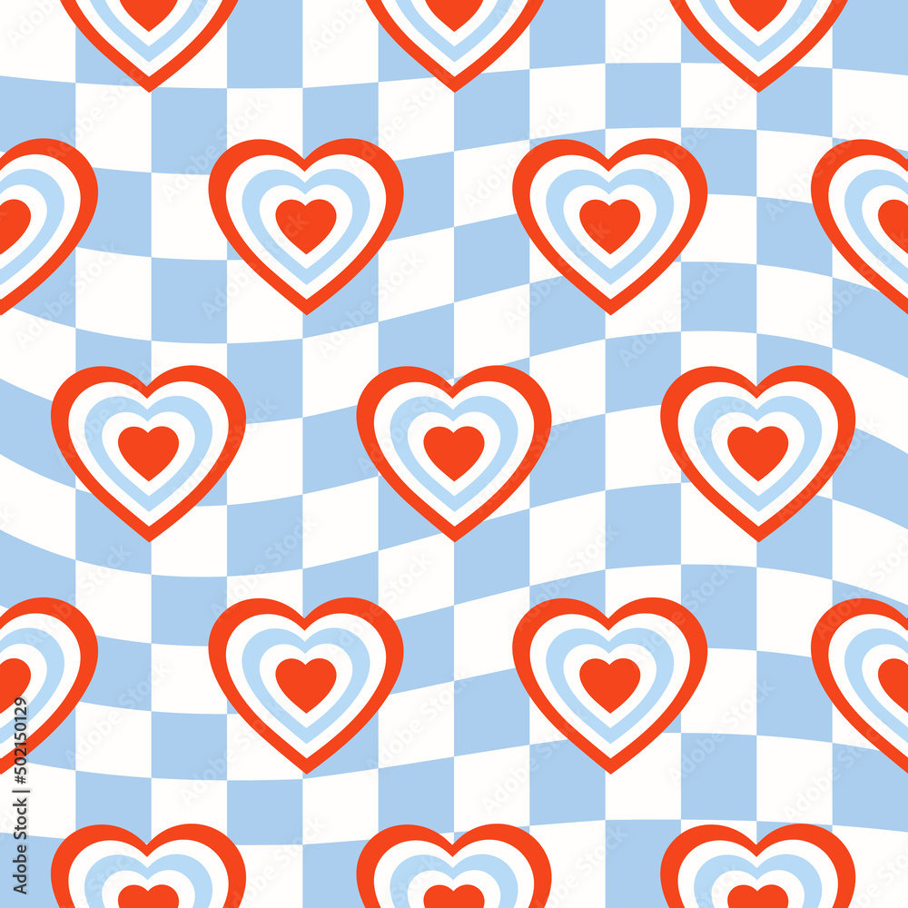 Poster seamless pattern with hearts shaped tunnel on a blue checkered background. modern retro hippie illus