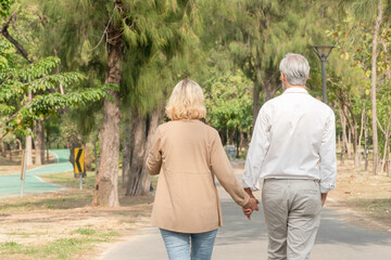 Back of man and woman holding hand and walking at park, Love marriage lifestyle goals, Happy...