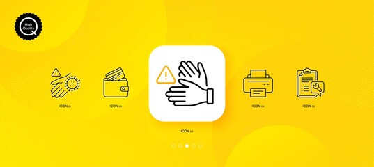 Fototapeta na wymiar Debit card, Dont touch and Wash hand minimal line icons. Yellow abstract background. Spanner, Printer icons. For web, application, printing. Vector