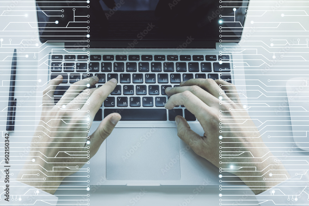 Aufkleber creative abstract micro chip hologram and hands typing on computer keyboard on background, artificia