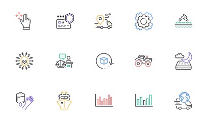 Seo gear, Court judge and Delivery service line icons for website, printing. Collection of Skin care, Bar diagram, Move gesture icons. Night mattress, Ship, Cyber attack web elements. Vector