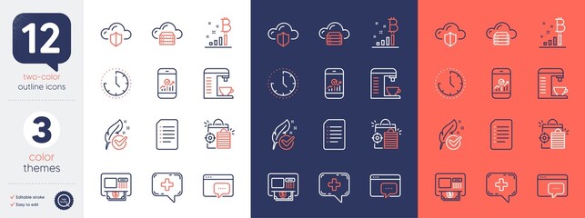 Set of Medical chat, Atm and Document line icons. Include Bitcoin graph, Time, Seo message icons. Cloud server, Hypoallergenic tested, Seo shopping web elements. Coffee machine. Vector