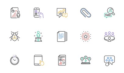 Video conference, Report document and Accounting line icons for website, printing. Collection of Meeting, Business report, Software bug icons. Copy documents, Paper clip. Vector