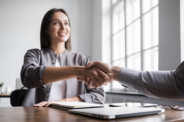 Partnership handshake in modern creative office, Businessmen shaking hands while working,...