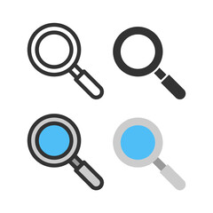 Magnifying glass, chemistry science laboratory colorful vector icon set with outline