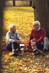 Vertical shot. Elderly caucasian couple sitting on blanket at the park drinking coffee, talking, sharing precious memories. Picnic concept. High quality photo