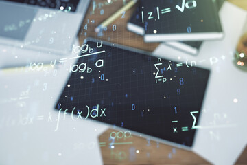 Creative scientific formula concept and modern digital tablet on background, top view. Multiexposure