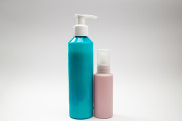 Blue can of shampoo on a white background