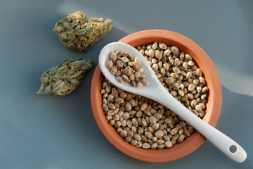 A bunch of cannabis seeds lie on a spoon and plate with several dried buds - Powered by Adobe