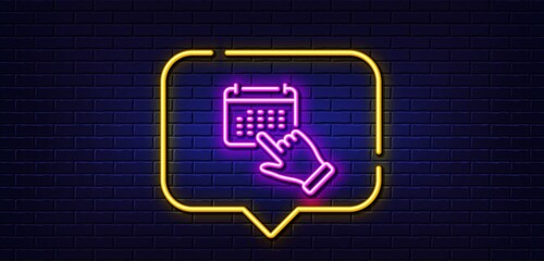 Neon light speech bubble. Event click line icon. Schedule planner sign. Select calendar month symbol. Neon light background. Event click glow line. Brick wall banner. Vector