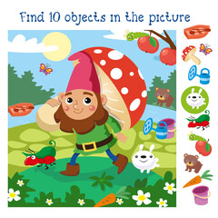 Find 10 hidden objects. Educational game for children. Vector color illustration. Fairy tale cute dwarf. 