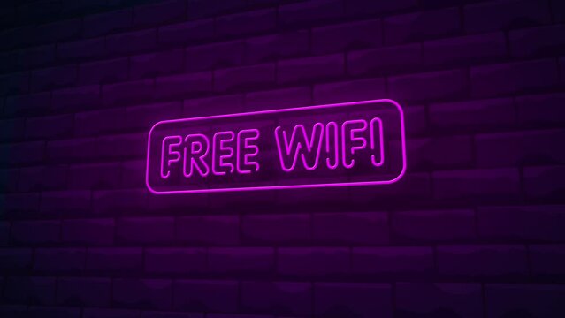 free wifi  Neon Sign on Brick Wall Background.4K motion animation.pink color