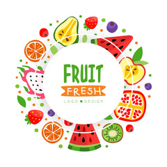 Juicy Fruit Design with Ripe Bright and Sweet Garden Food Vector Template