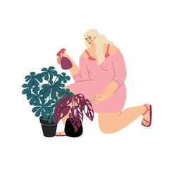 The girl watering of a houseplant. Woman spraying with water home plants. Botanist portrait. Growing flowers with love. Flat style in vector illustration. Isolated element.