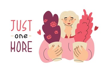 The girl holds two potted houseplant. Quote Just one more. Buying plants in a flower shop. Botanist portrait. Growing flowers with love. Flat style in vector illustration. Isolated element.