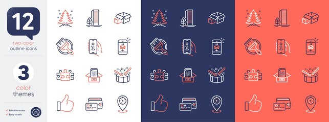 Set of Packing boxes, Wallet and Buildings line icons. Include Mail, Like, Documents box icons. Puzzle, Drums, Christmas tree web elements. Brush, Timer, Support. For web, application. Vector