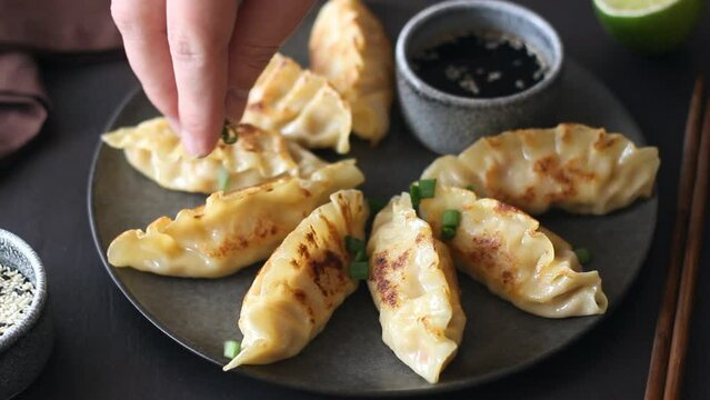 Fried dumplings with soy sauce. Gyoza. Healthy eating. Asian food.