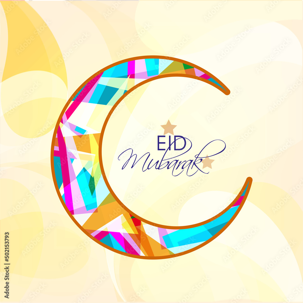 Sticker eid mubarak lettering with stars and colorful crescent moon on yellow background.