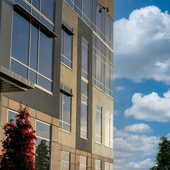 Square White puffy clouds Building facade with bricks, glass and concrete wall cladding du