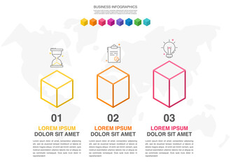 Line vector isometric infographics with 3 columns. Business concept graphic process template with three steps and icons. Graphic timeline for step by step for the levels, web, banner, presentations