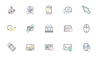 Recovery server, Refresh website and Scroll down line icons for website, printing. Collection of Text message, Candlestick chart, Usb flash icons. Electric app, Block diagram. Vector