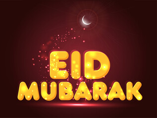 Golden Eid Mubarak With Lights Effect And Crescent Moon On Red Background.