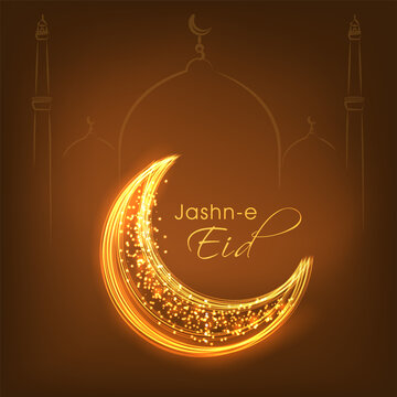 Jashn-E-Eid Lettering With Lights Effect Crescent Moon On Brown Linear Mosque Background.