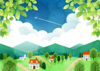 水彩風夏の里山背景ヨコ © nana10n no AI