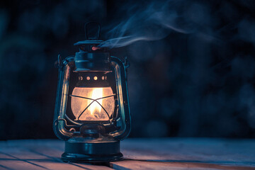 Fototapeta na wymiar antique kerosene lamp with lights on the wooden floor on the lawn at night