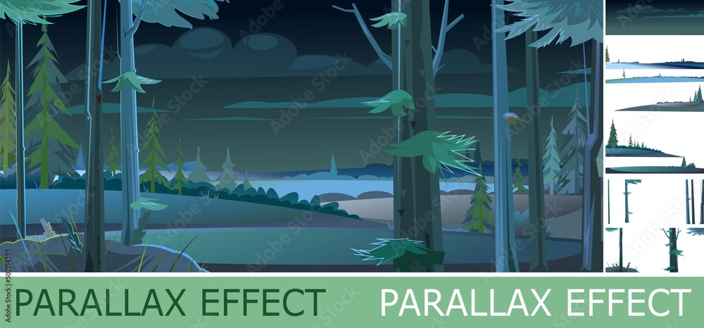 Wall mural night landscape with trees and fir trees with parallax effect. trunks and branches. coniferous fores