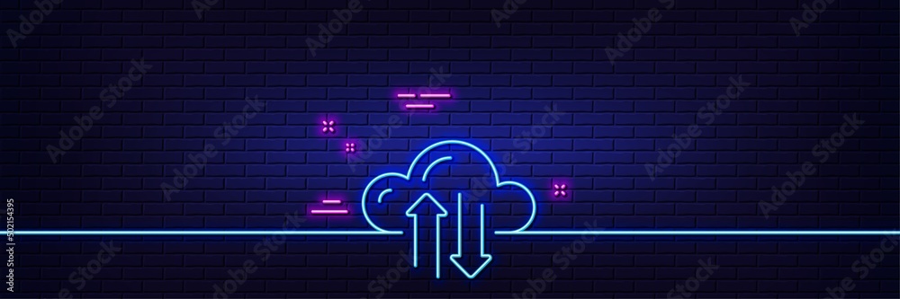 Poster neon light glow effect. cloud computing sync line icon. internet data storage sign. file hosting tec
