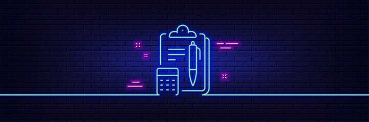 Neon light glow effect. Accounting line icon. Clipboard document sign. Calculate budget symbol. 3d line neon glow icon. Brick wall banner. Accounting outline. Vector