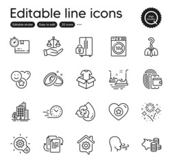 Set of Business outline icons. Contains icons as Buildings, Piggy bank and Recycle water elements. Fireworks, Dryer machine, Heart web signs. Cogwheel, Clothing, Bumper cars elements. Vector