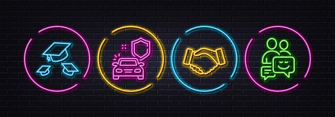 Throw hats, Handshake and Car secure minimal line icons. Neon laser 3d lights. Communication icons. For web, application, printing. College graduation, Deal hand, Vehicle insurance. Vector